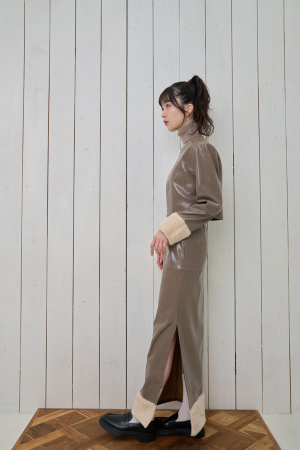 【Nora Lily】「elle」Shiny Fake Leather No-collar Compact Jacket-Dark KHAKI-224742091-53F