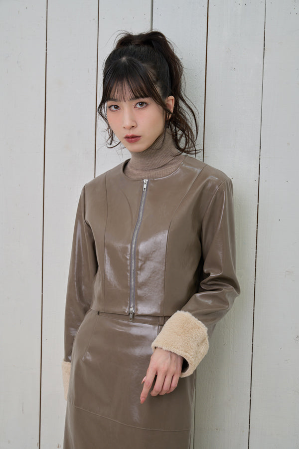 【Nora Lily】「elle」Shiny Fake Leather No-collar Compact Jacket-Dark KHAKI-224742091-53F