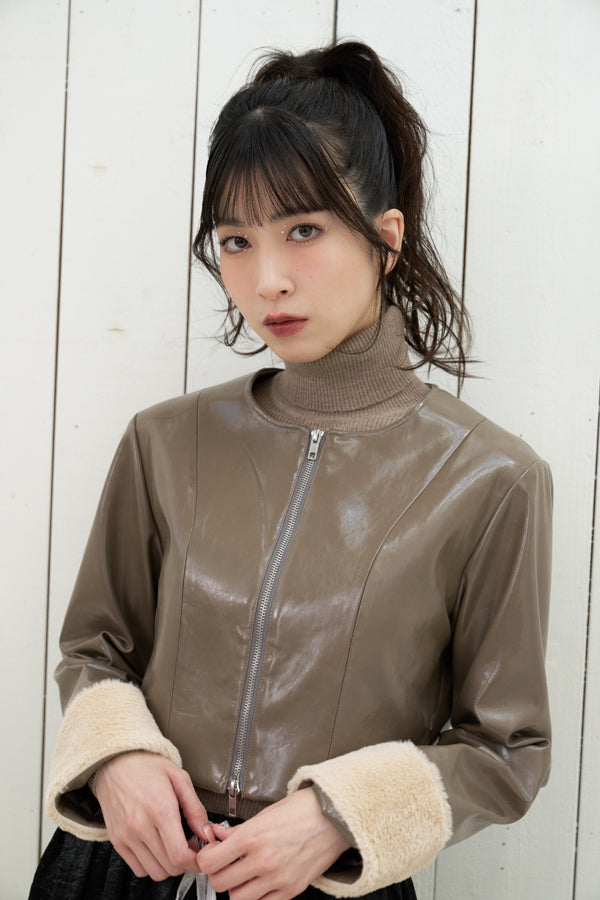 【Nora Lily】「elle」Shiny Fake Leather No-collar Compact Jacket-Dark KHAKI-224742091-53F