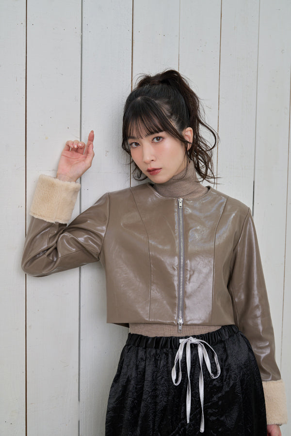 【Nora Lily】「elle」Shiny Fake Leather No-collar Compact Jacket-Dark KHAKI-224742091-53F