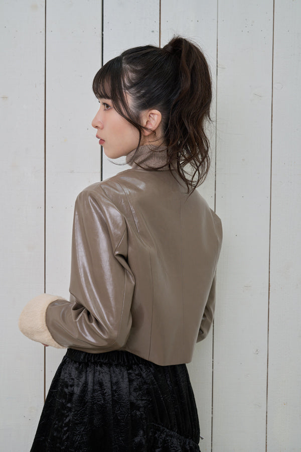 【Nora Lily】「elle」Shiny Fake Leather No-collar Compact Jacket-Dark KHAKI-224742091-53F