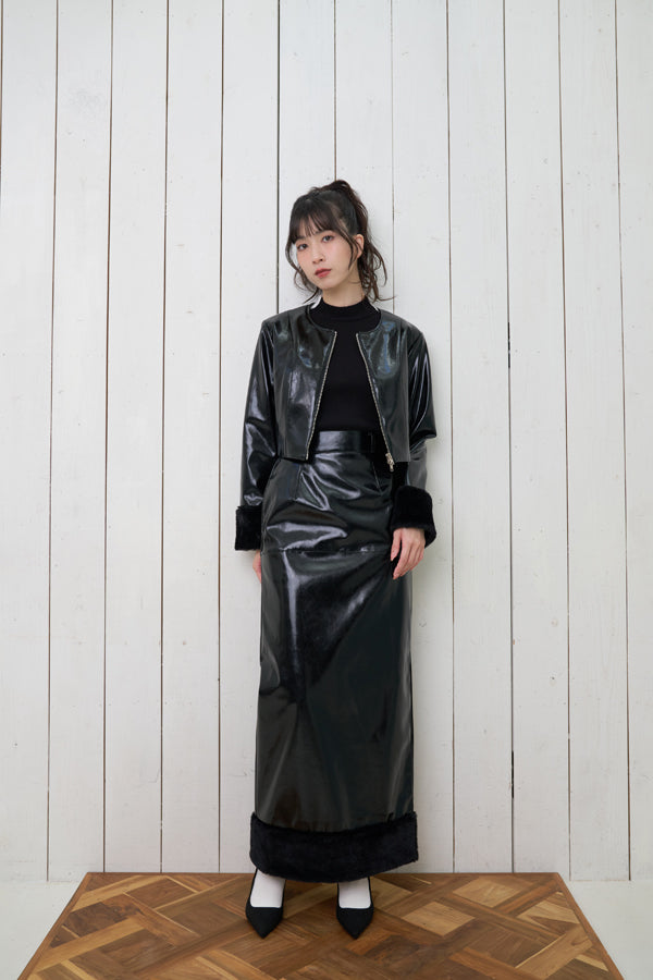 【Nora Lily】「elle」Shiny Fake Leather Long Skirt-BLACK-224760079-19F