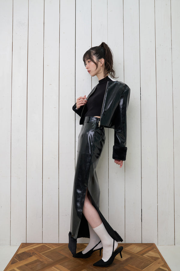 【Nora Lily】「elle」Shiny Fake Leather Long Skirt-BLACK-224760079-19F