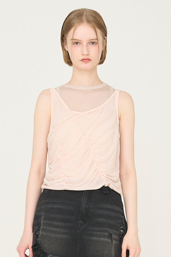 【Nora Lily】「elle」Ripple Sheer Layered Tank-Pink x Beige-225380140-71F