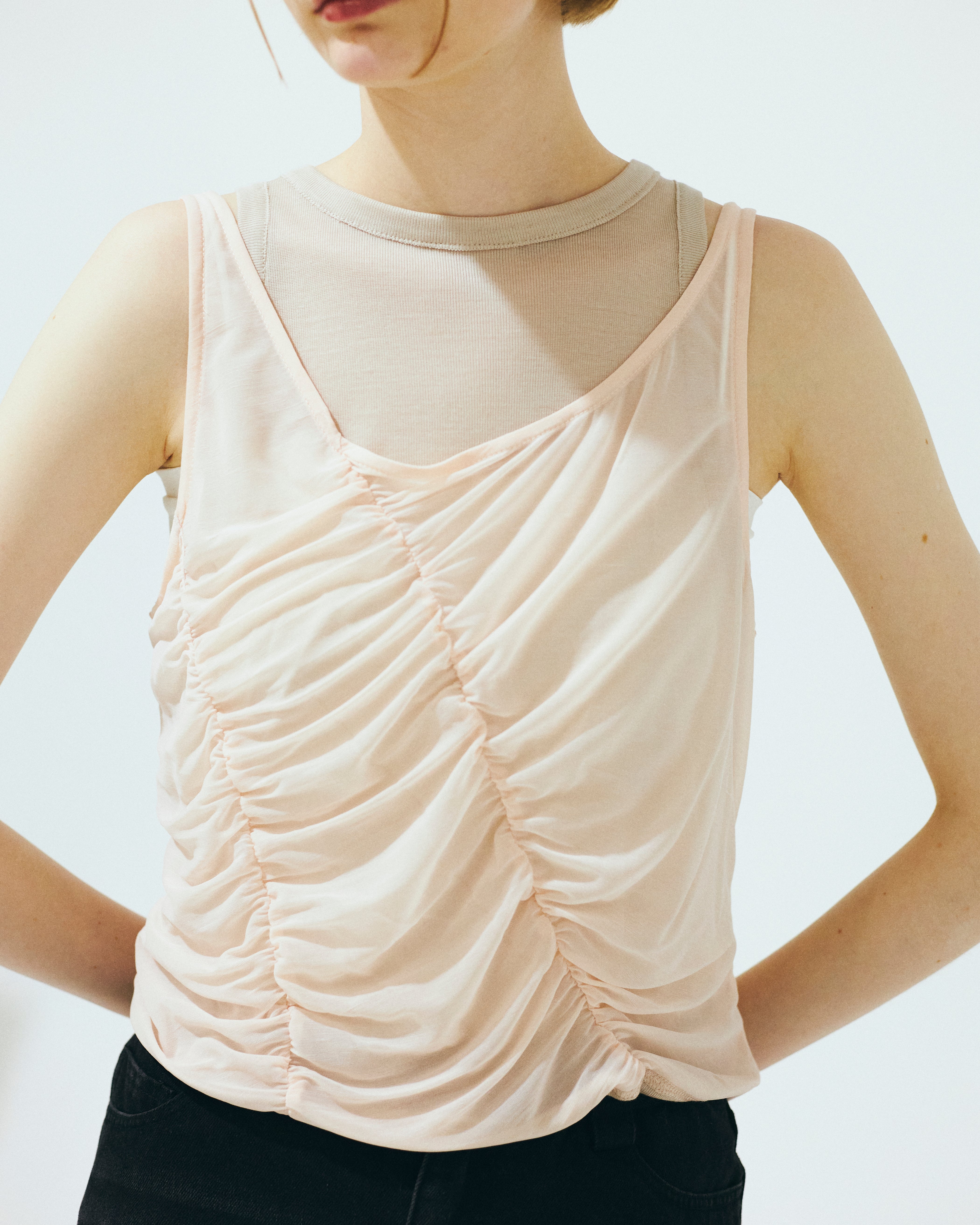 【Nora Lily】「elle」Ripple Sheer Layered Tank-Pink x Beige-225380140-71F