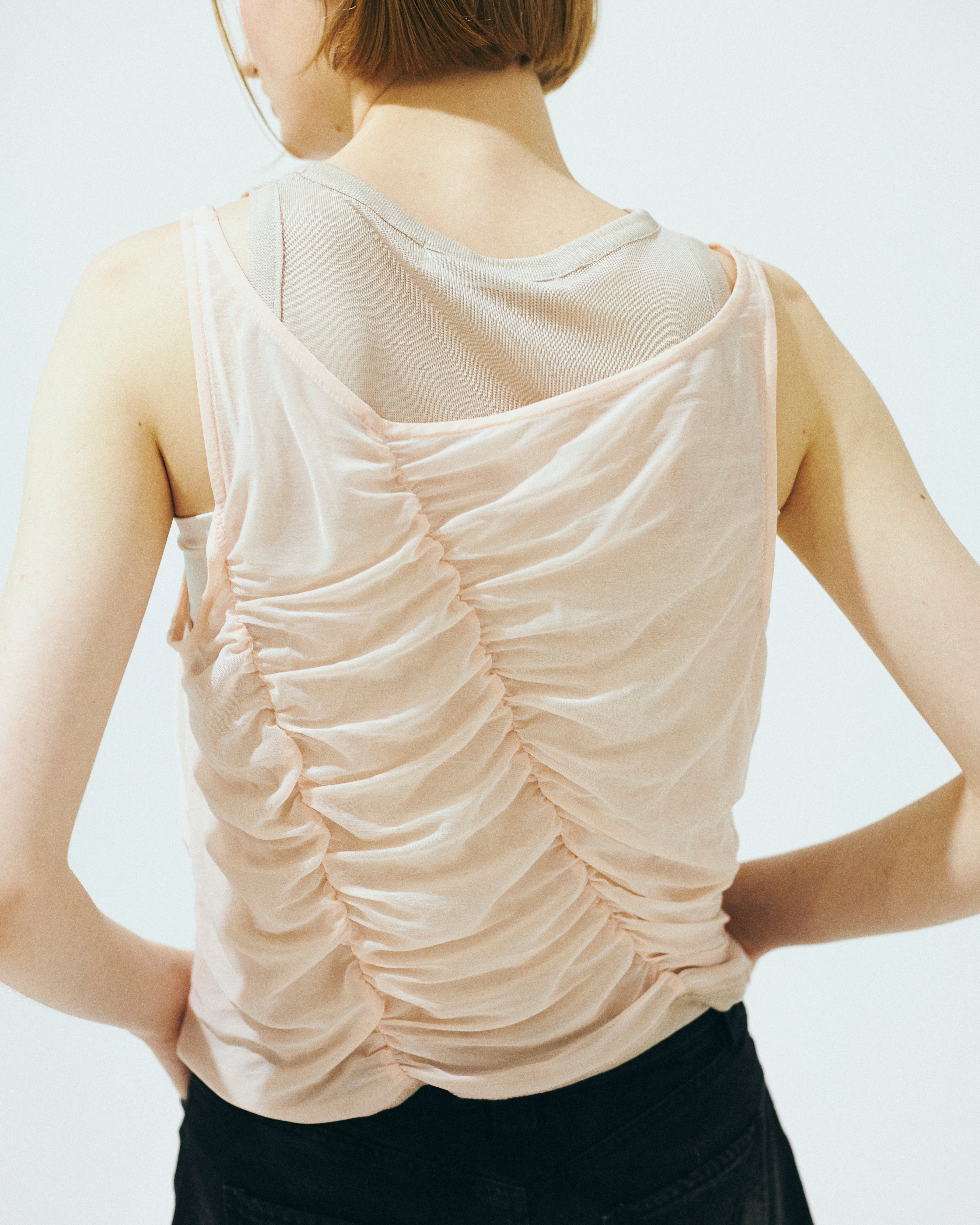 【Nora Lily】「elle」Ripple Sheer Layered Tank-Pink x Beige-225380140-71F