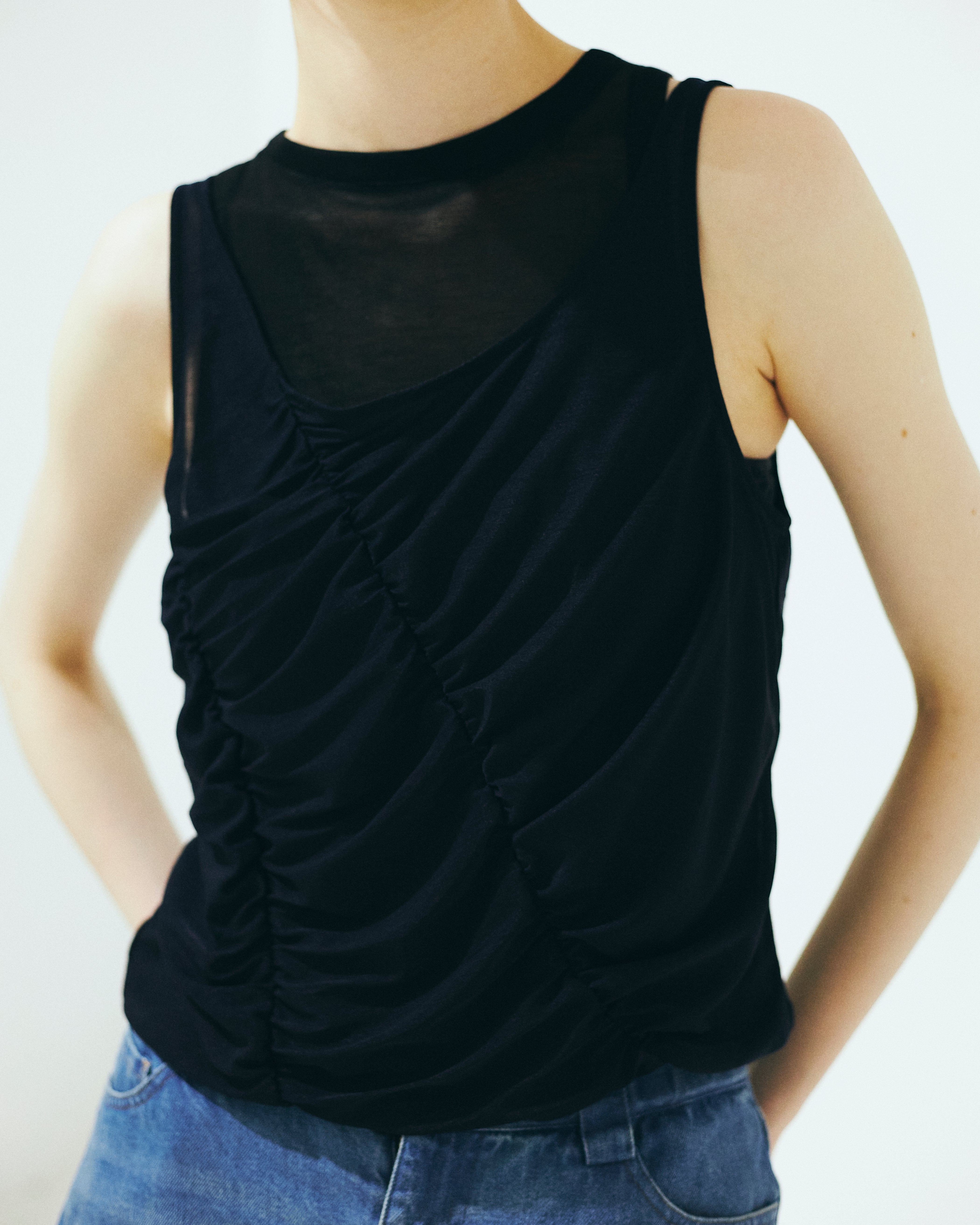 【Nora Lily】「elle」Ripple Sheer Layered Tank-Navy x Black-225380140-93F