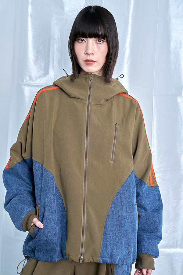 【Nora Lily】Denim Combo Hooded Zip Blouson-Khaki × Indigo-225542102-27F