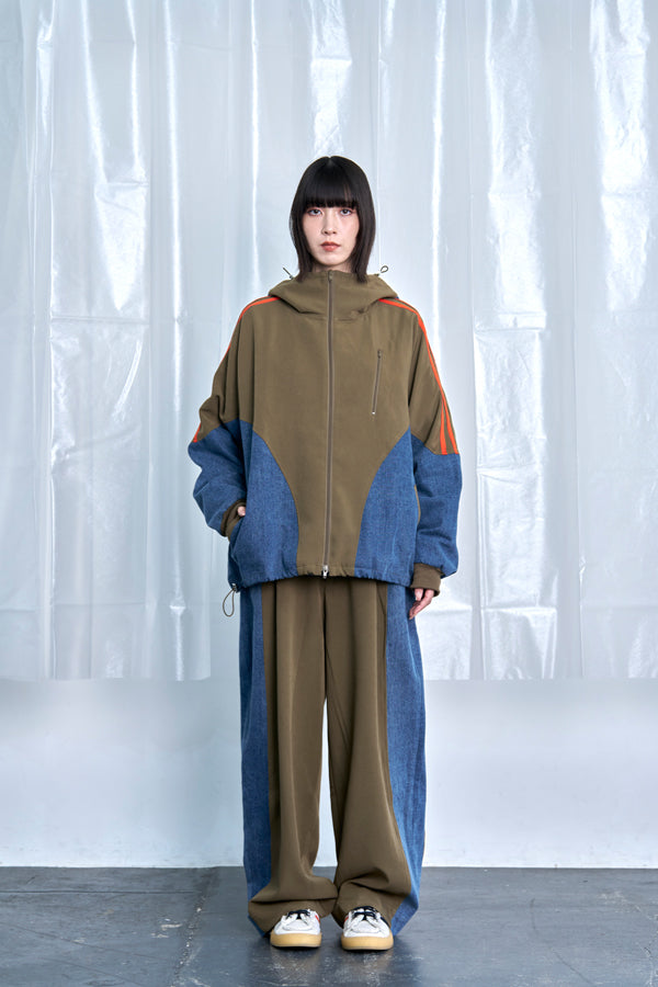【Nora Lily】Denim Combo Hooded Zip Blouson-Khaki × Indigo-225542102-27F