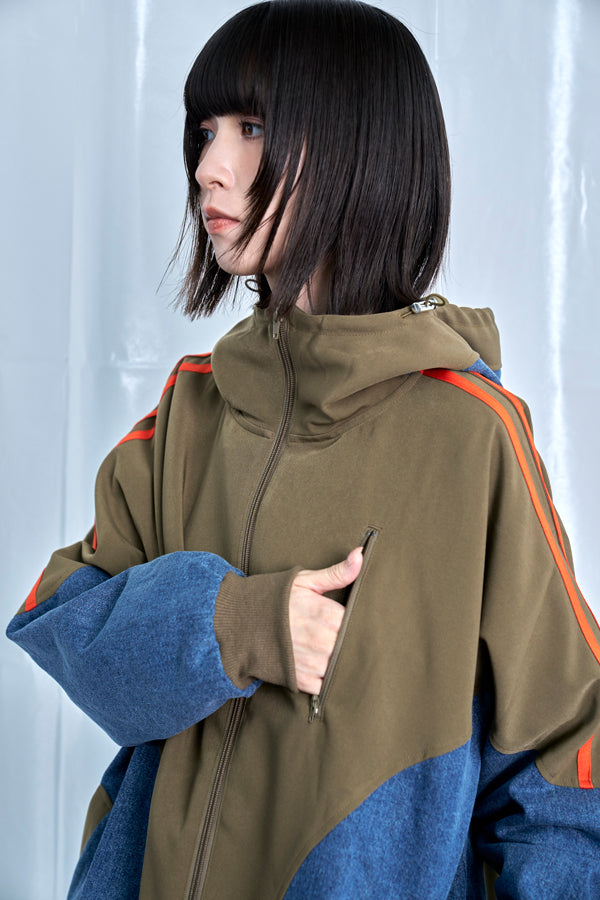 【Nora Lily】Denim Combo Hooded Zip Blouson-Khaki × Indigo-225542102-27F