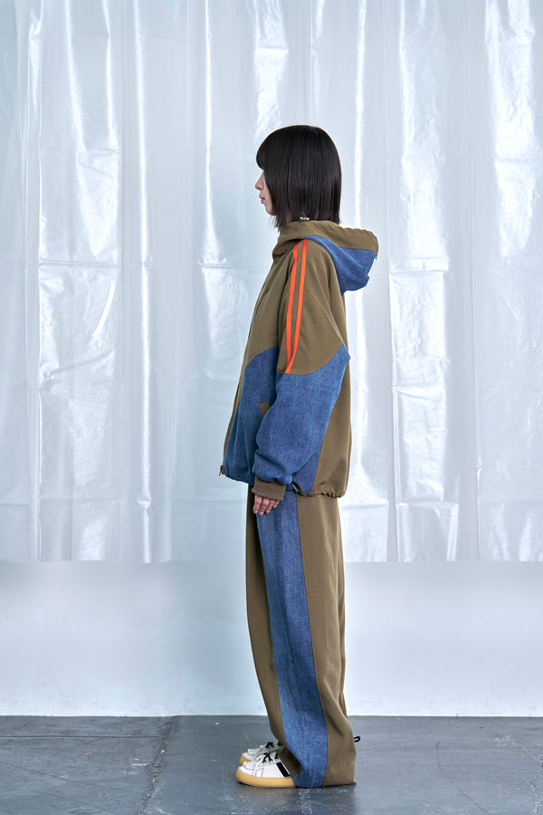 【Nora Lily】Denim Combo Hooded Zip Blouson-Khaki × Indigo-225542102-27F