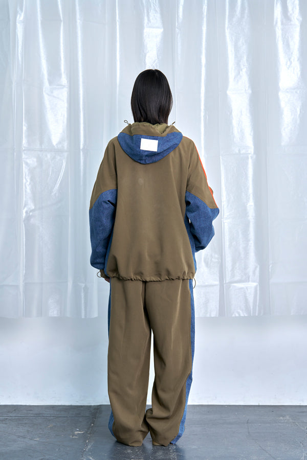【Nora Lily】Denim Combo Hooded Zip Blouson-Khaki × Indigo-225542102-27F