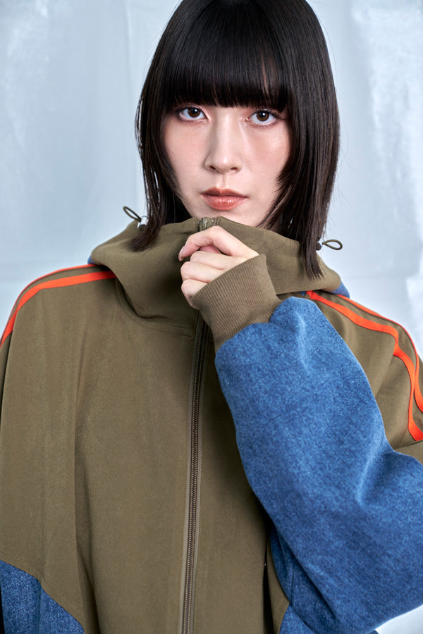 【Nora Lily】Denim Combo Hooded Zip Blouson-Khaki × Indigo-225542102-27F