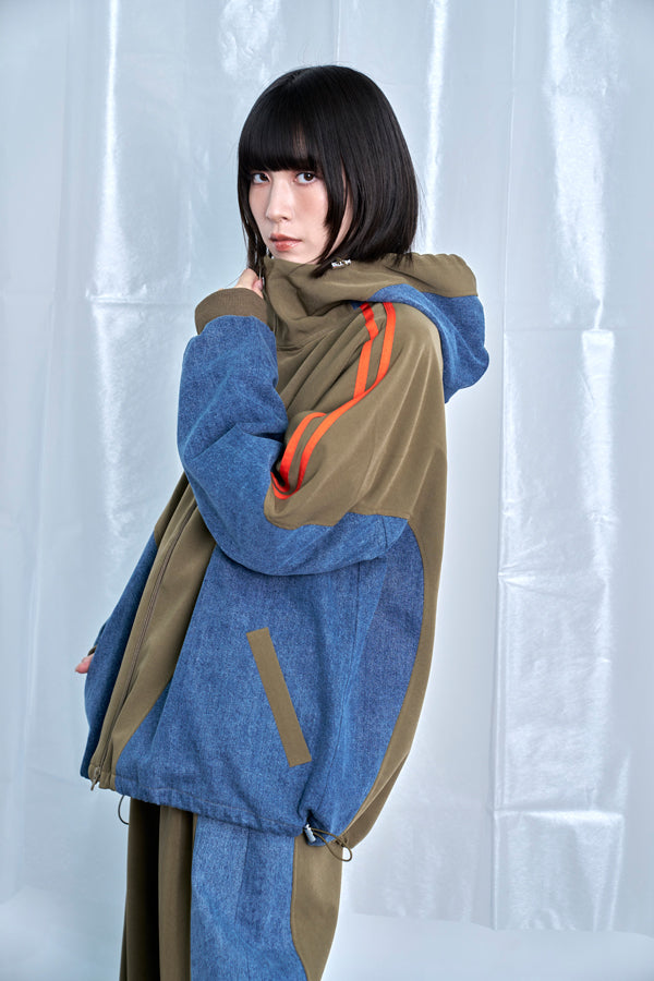 【Nora Lily】Denim Combo Hooded Zip Blouson-Khaki × Indigo-225542102-27F