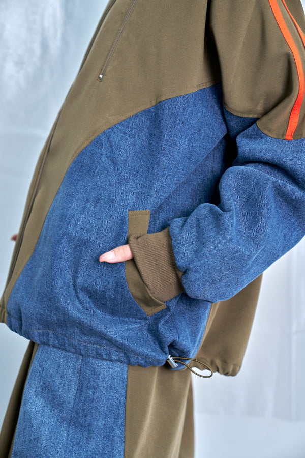 【Nora Lily】Denim Combo Hooded Zip Blouson-Khaki × Indigo-225542102-27F