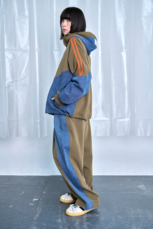 【Nora Lily】Denim Combo Hooded Zip Blouson-Khaki × Indigo-225542102-27F