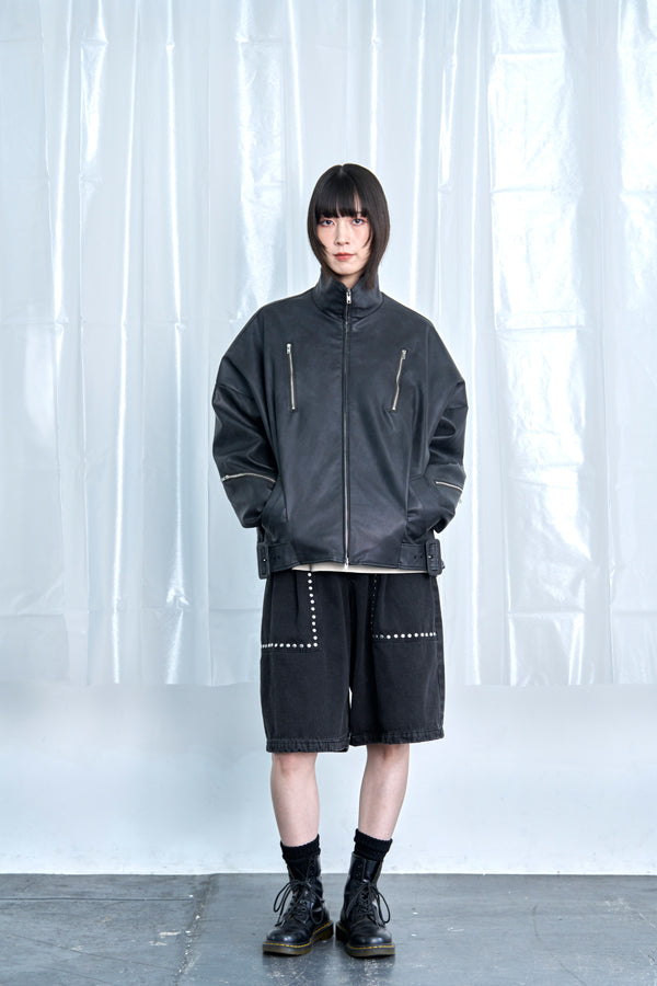 【Nora Lily】Fake Leather Tuck Baloon Single Riders-Black-225542103-19F