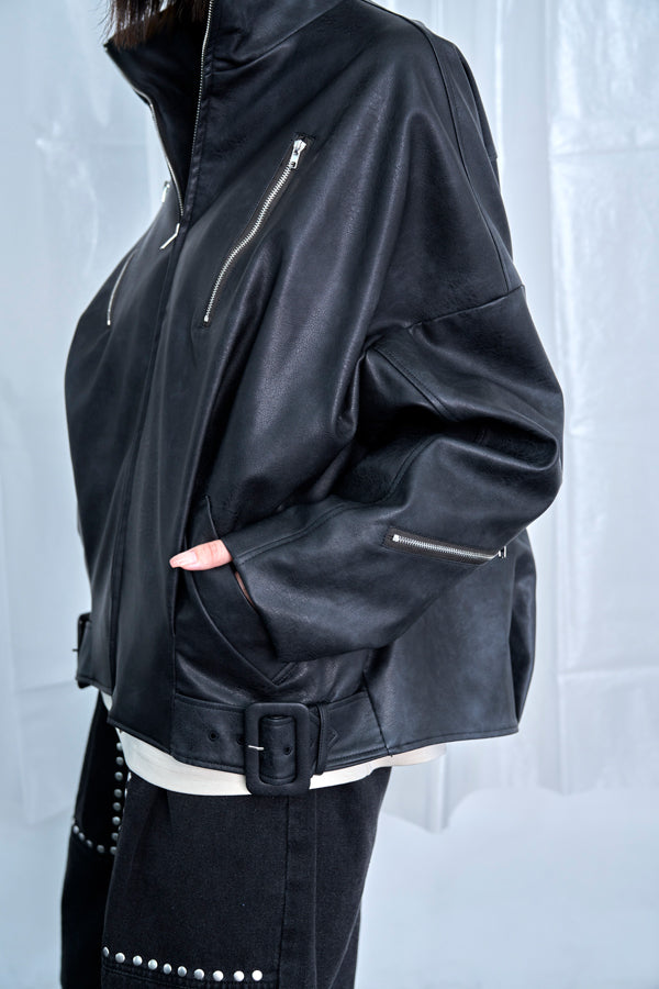 【Nora Lily】Fake Leather Tuck Baloon Single Riders-Black-225542103-19F