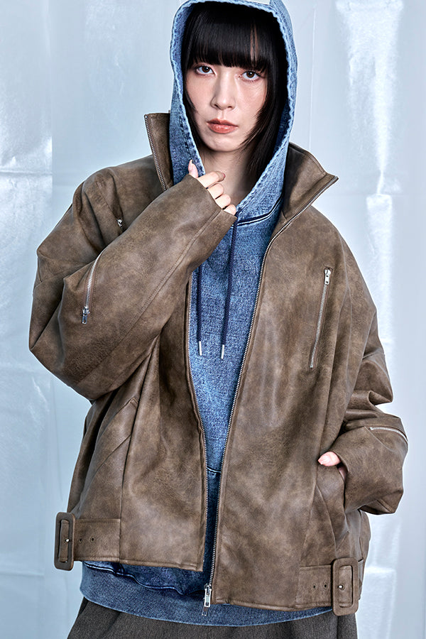 【Nora Lily】Fake Leather Tuck Baloon Single Riders-Brown-225542103-42F