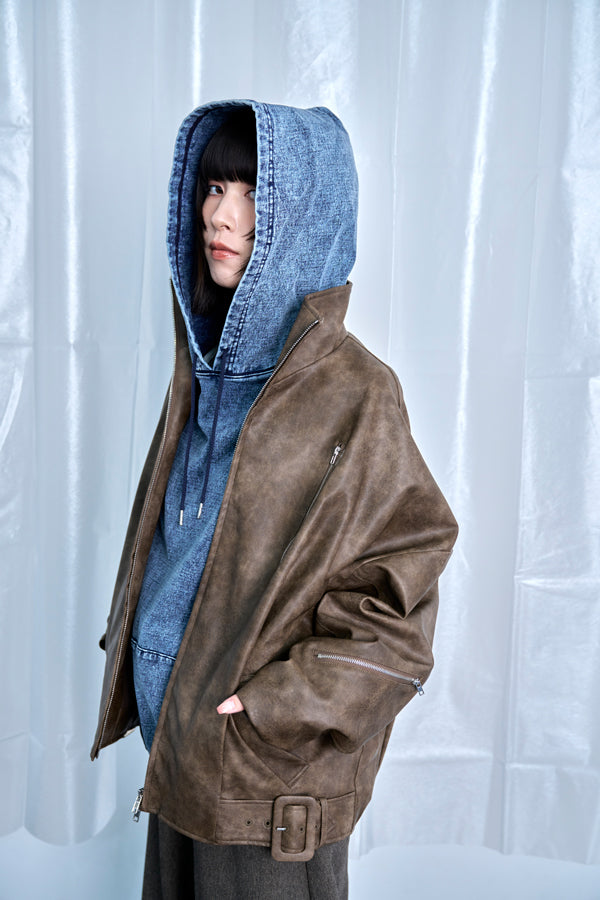 【Nora Lily】Fake Leather Tuck Baloon Single Riders-Brown-225542103-42F