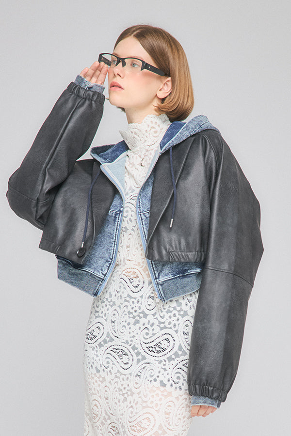 【Nora Lily】「elle」Fake Leather Tailored Combination Blouson-Black-225542106-19F