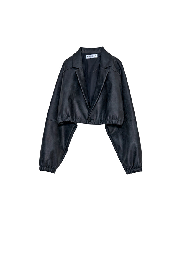 【Nora Lily】「elle」Fake Leather Tailored Combination Blouson-Black-225542106-19F