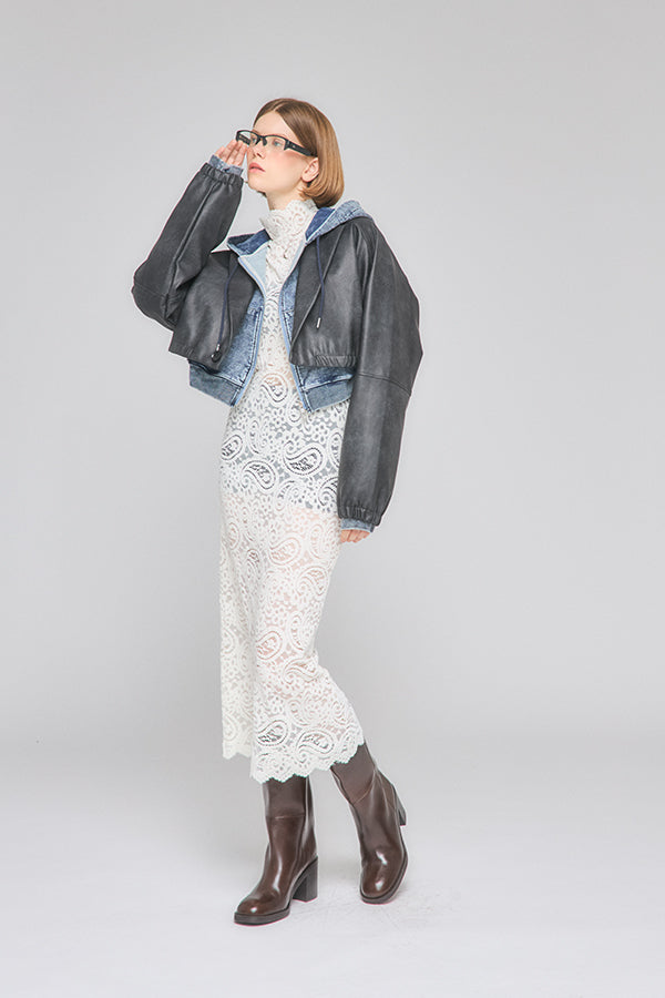 【Nora Lily】「elle」Fake Leather Tailored Combination Blouson-Black-225542106-19F