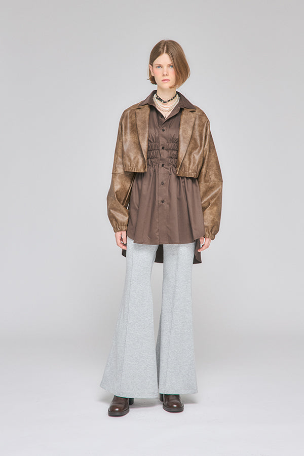 【Nora Lily】「elle」Fake Leather Tailored Combination Blouson-Brown-225542106-42F