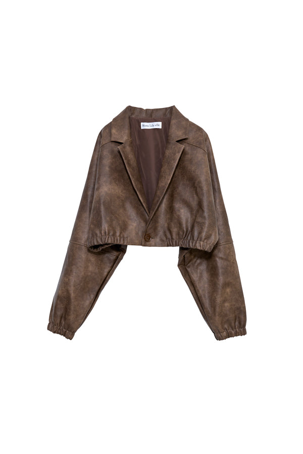 【Nora Lily】「elle」Fake Leather Tailored Combination Blouson-Brown-225542106-42F