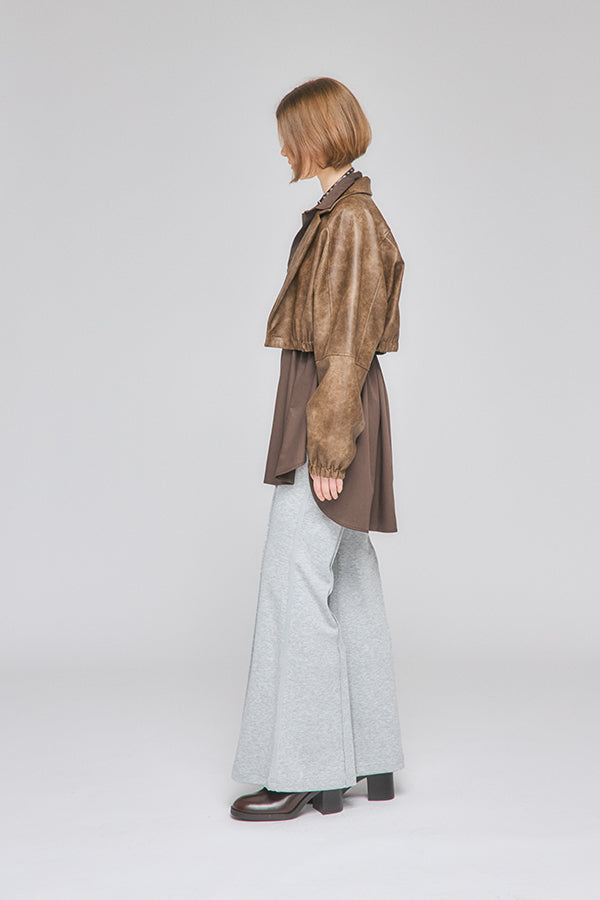 【Nora Lily】「elle」Fake Leather Tailored Combination Blouson-Brown-225542106-42F