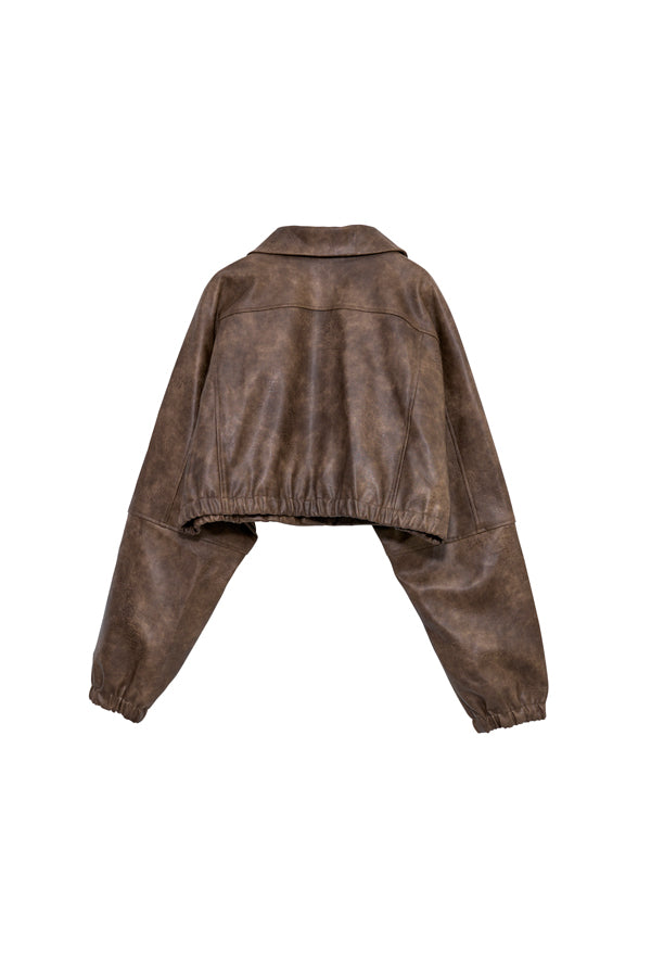 【Nora Lily】「elle」Fake Leather Tailored Combination Blouson-Brown-225542106-42F
