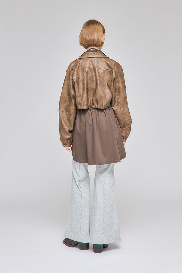 【Nora Lily】「elle」Fake Leather Tailored Combination Blouson-Brown-225542106-42F