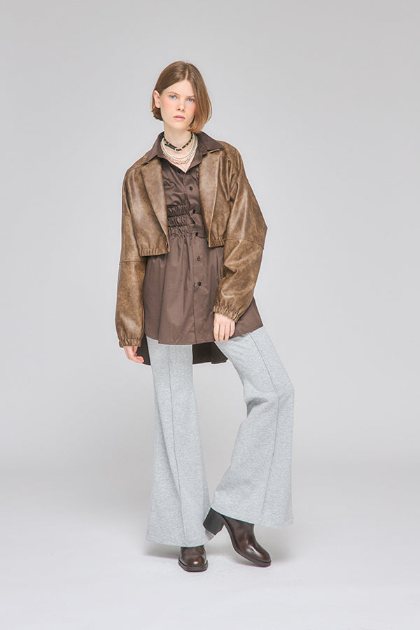 【Nora Lily】「elle」Fake Leather Tailored Combination Blouson-Brown-225542106-42F