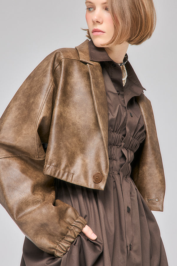 【Nora Lily】「elle」Fake Leather Tailored Combination Blouson-Brown-225542106-42F
