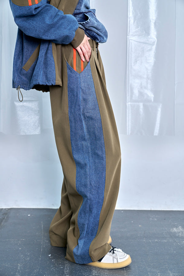 【Nora Lily】Denim Combo Relax Pants-Khaki × Indigo-225560103-27F