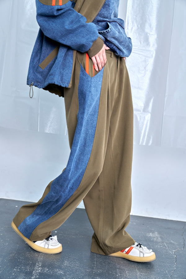 【Nora Lily】Denim Combo Relax Pants-Khaki × Indigo-225560103-27F