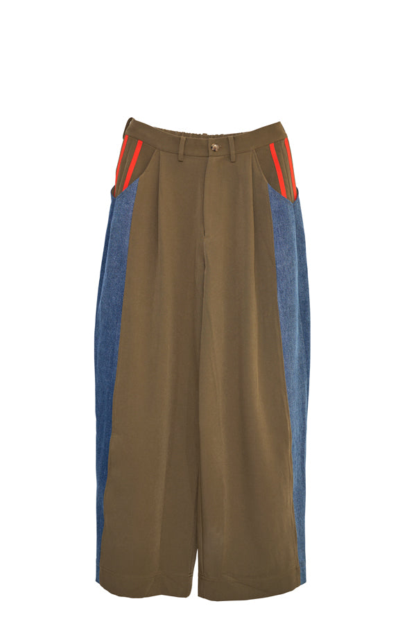 【Nora Lily】Denim Combo Relax Pants-Khaki × Indigo-225560103-27F