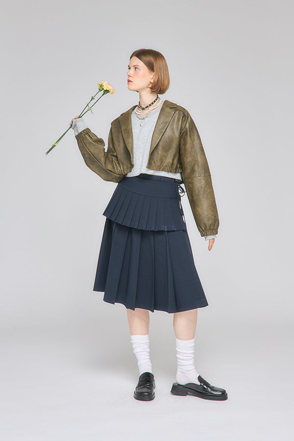 【Nora Lily】「elle」Middle Length Pleated Skirt-Navy-225560108-93F