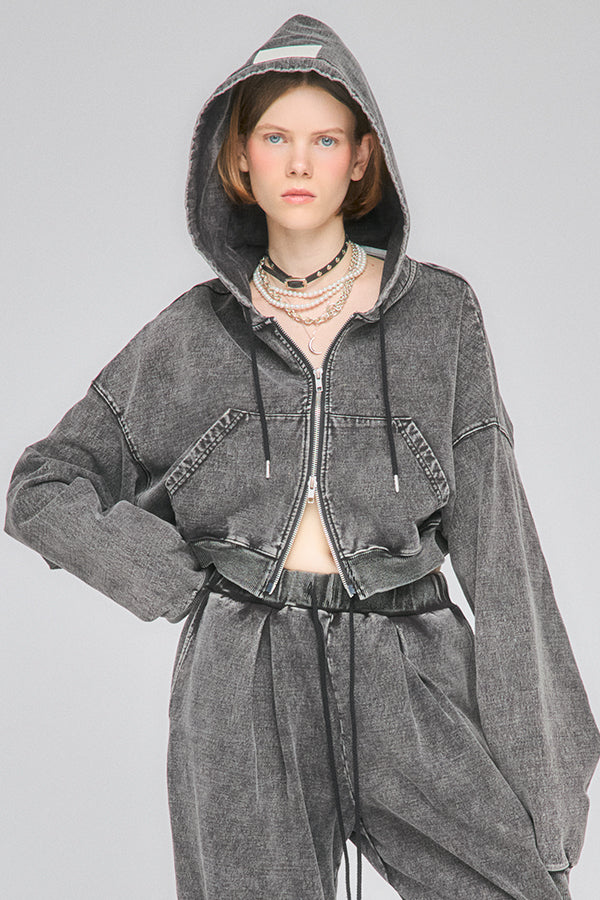 【Nora Lily】「elle」Chemical Denim Like Sweat Zip-up Hoodie-Chemical Black-225580151-19F