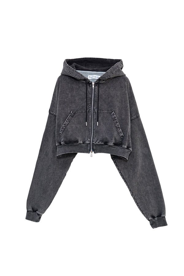 【Nora Lily】「elle」Chemical Denim Like Sweat Zip-up Hoodie-Chemical Black-225580151-19F