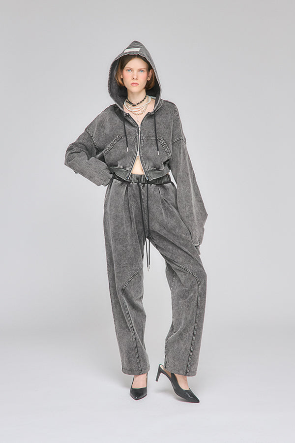 【Nora Lily】「elle」Chemical Denim Like Sweat Zip-up Hoodie-Chemical Black-225580151-19F