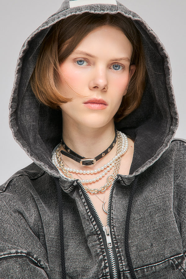 【Nora Lily】「elle」Chemical Denim Like Sweat Zip-up Hoodie-Chemical Black-225580151-19F