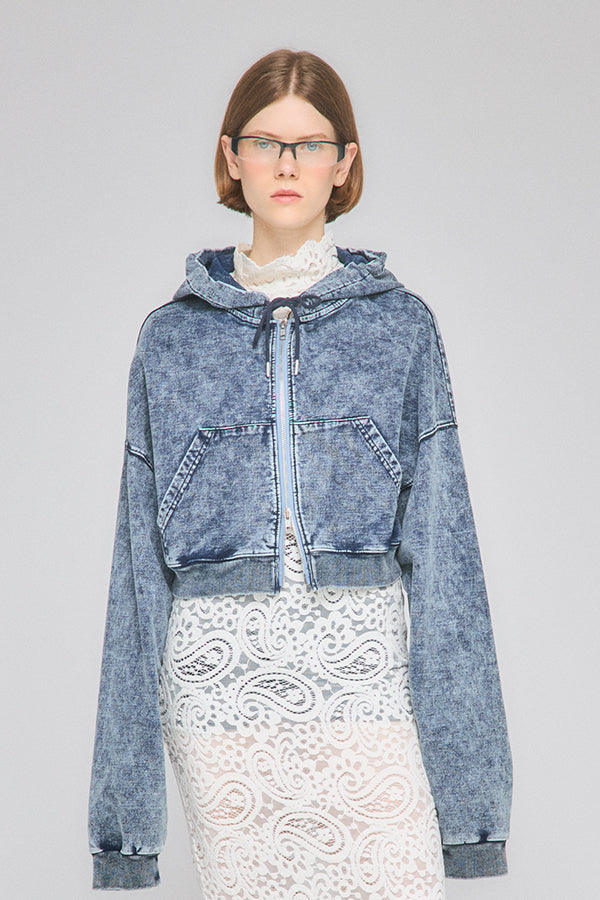 【Nora Lily】「elle」Chemical Denim Like Sweat Zip-up Hoodie-Chemical Indigo-225580151-93F