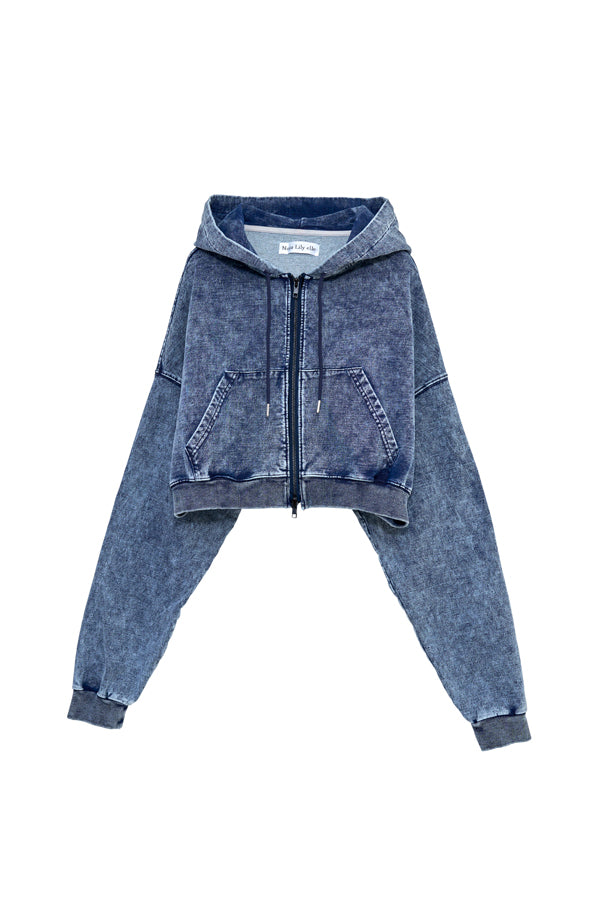 【Nora Lily】「elle」Chemical Denim Like Sweat Zip-up Hoodie-Chemical Indigo-225580151-93F
