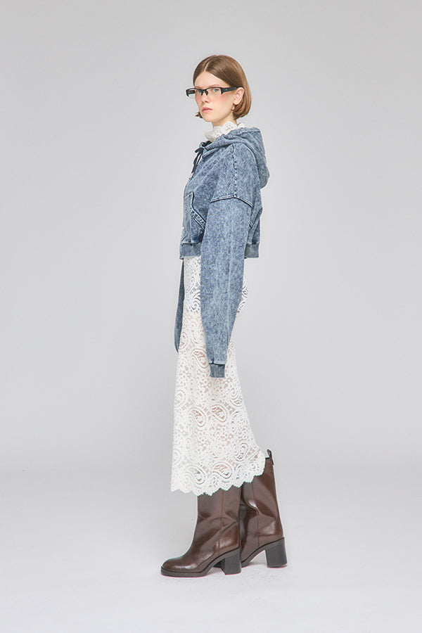 【Nora Lily】「elle」Chemical Denim Like Sweat Zip-up Hoodie-Chemical Indigo-225580151-93F