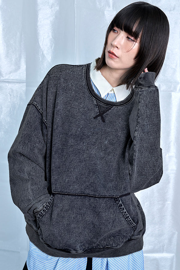 【Nora Lily】Denim-Look Pullover Sweatshirt-Washed Black-225580152-19F