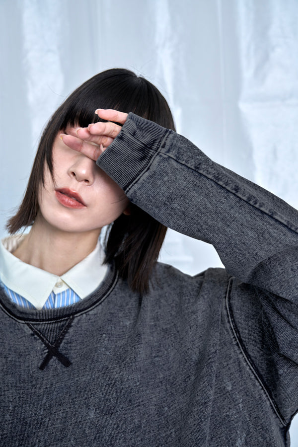 【Nora Lily】Denim-Look Pullover Sweatshirt-Washed Black-225580152-19F