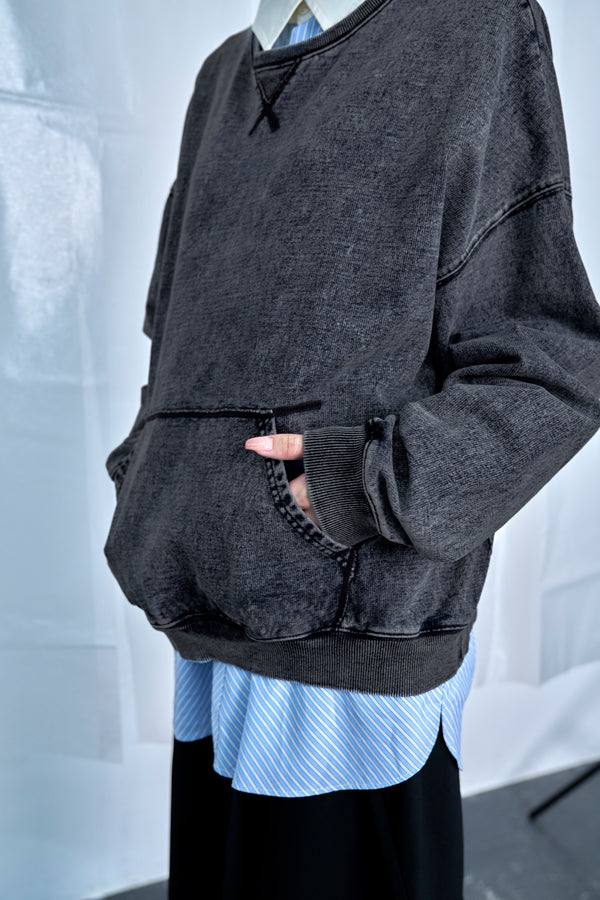 【Nora Lily】Denim-Look Pullover Sweatshirt-Washed Black-225580152-19F