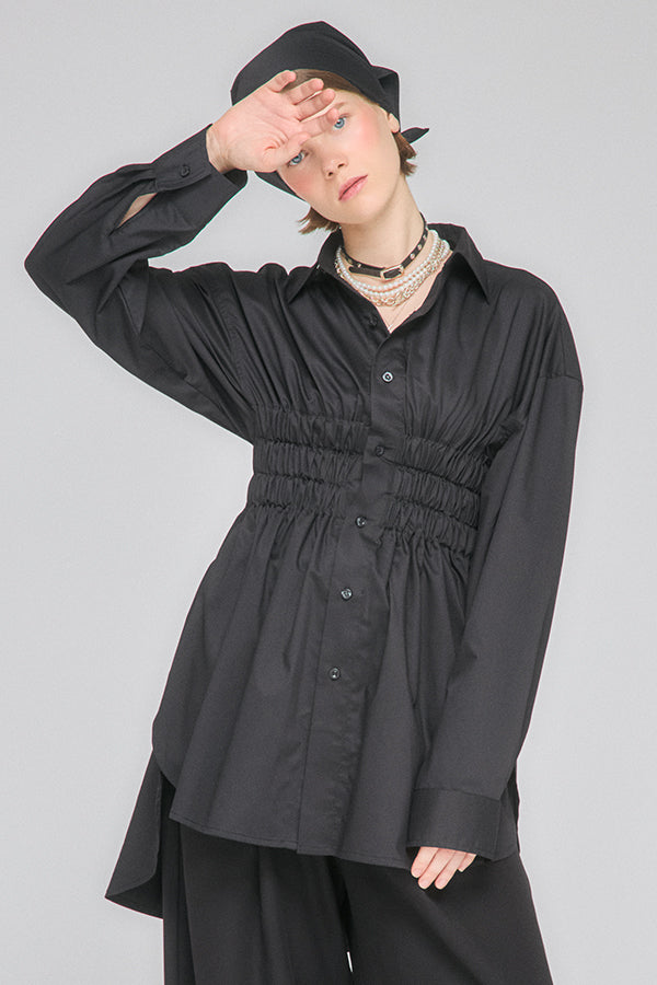 【Nora Lily】「elle」Waist Gathering Long Shirts-Black-225580156-19F