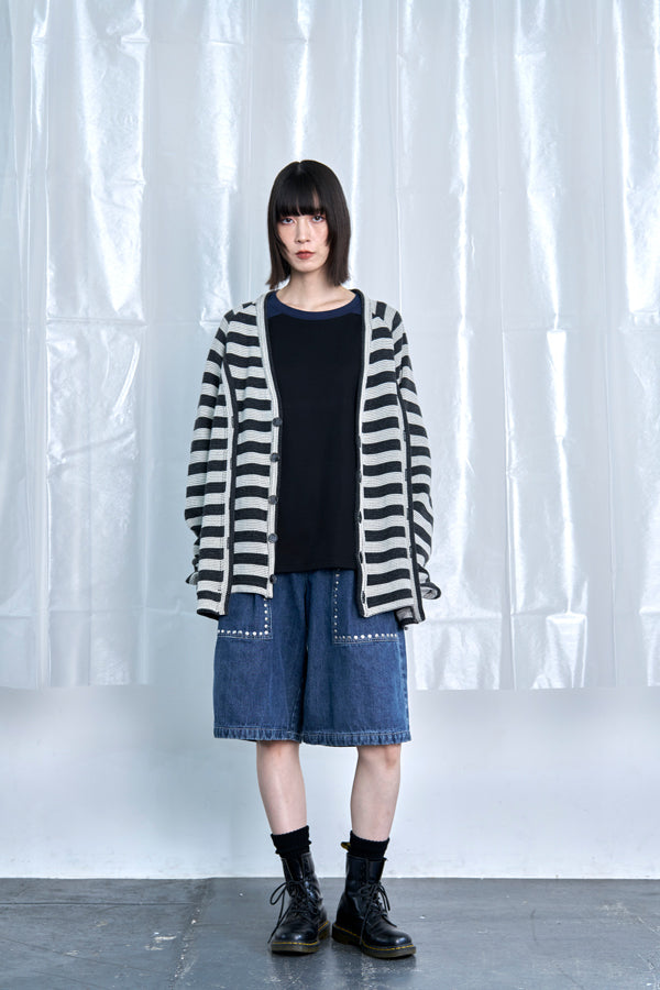 【Nora Lily】Switching Design Cardigan-Charcoal Gray Border-225580159-18F